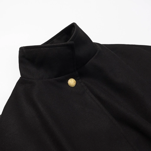 Manteau Cape Femme Polyester Laine Col Montant Bouton Doré Ceinturé Ligne A Veste Hiver Élégante