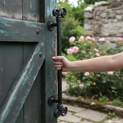 Vintage Cast Iron Door Handle Retro Industrial Gate Pull Large Black Scroll Design For Wardrobe Cabinet Barn Door
