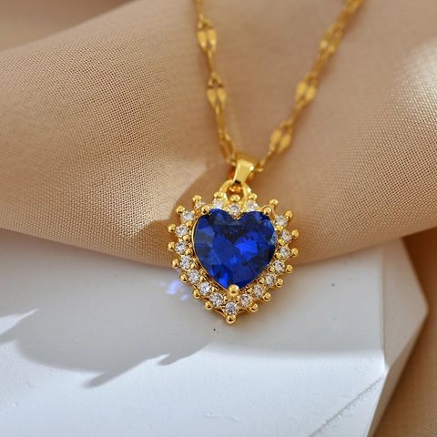 Heart Pendant Necklace Blue Sapphire Zircon Copper Micro Pave Rhinestone Elegant Clavicle Chain Jewelry For Women