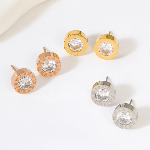 Titanium Steel Round Stud Earrings With Zircon Inlay Roman Numerals Geometric Fashion Jewelry For Women
