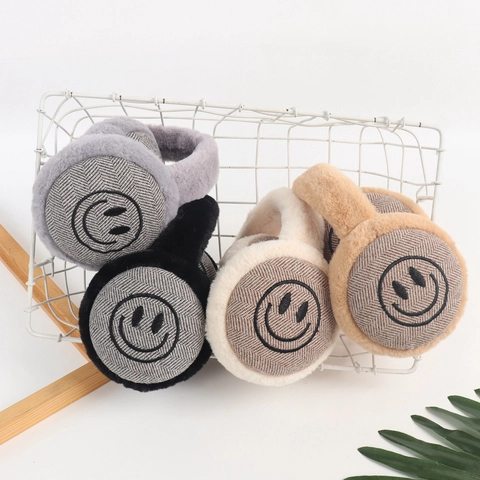 Kids Winter Plush Earmuffs Warming Foldable Ear Protectors With Smile Face Embroidery Herringbone Pattern Outdoor Windproof Earmuffs