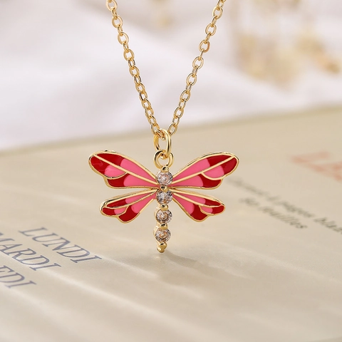 Collana Con Ciondolo A Libellula Rame Placcato Oro 18K Ali In Smalto Zirconia Cubica Gioielli Minimalisti Per Donna