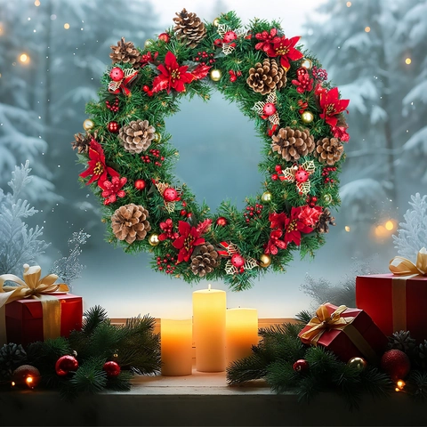 Christmas Wreath Window Sticker Static Cling PVC Waterproof Glass Decal Holiday Xmas Tree Pine Cone Festive Home Decor