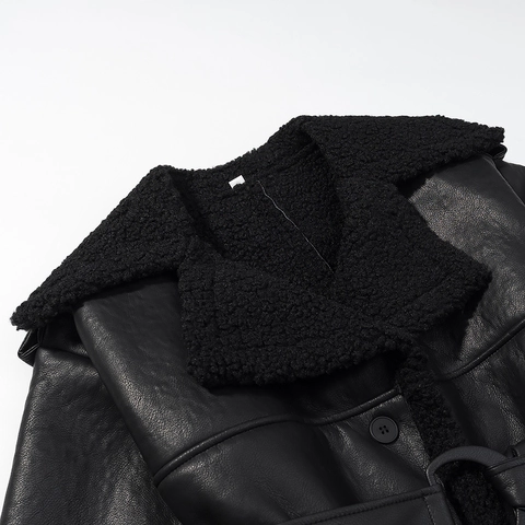 Cappotto Lungo da Donna Casual in Pelle Sintetica Effetto Montone Nero PU con Cintura Spessa Giacca Streetwear Invernale
