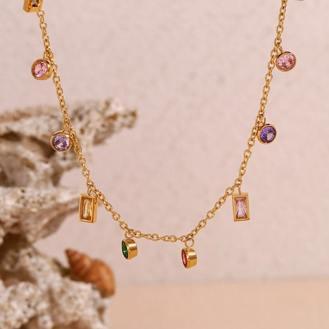 Collar Geométrico de Acero Inoxidable Chapado en Oro 18K con Circonia Colorida Colgante Redondo Rectangular Joyería para Mujer