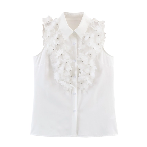 Ärmellose Bluse Damen Weiß Polo Kragen 3D Blumen Applikation Perlen Strass Hemd Süß Elegant Knopfleiste Top