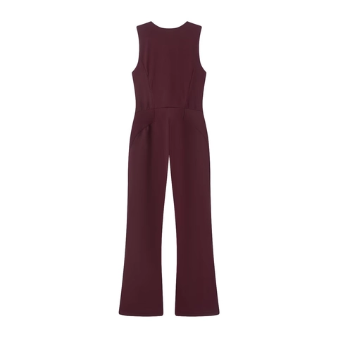 Damen Ärmelloser Jumpsuit Reißverschluss Vorne V Ausschnitt Schlanke Passform Gerades Bein Fleecegefüttert Thermisch Burgund