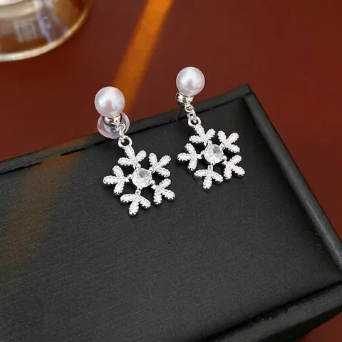 Pendientes Colgantes De Copo De Nieve Con Circonita Y Perla Artificial Poste De Plata Joyería De Invierno Para Mujer
