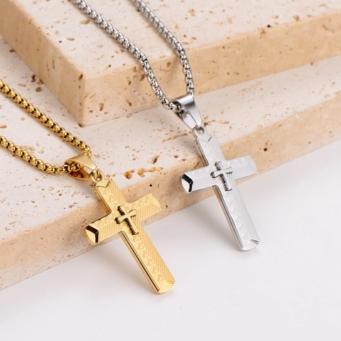 Collar Con Colgante De Cruz De Acero Inoxidable Para Hombre Unisex Doble Capa Joyería Religiosa Oro Color Acero Cadena Box