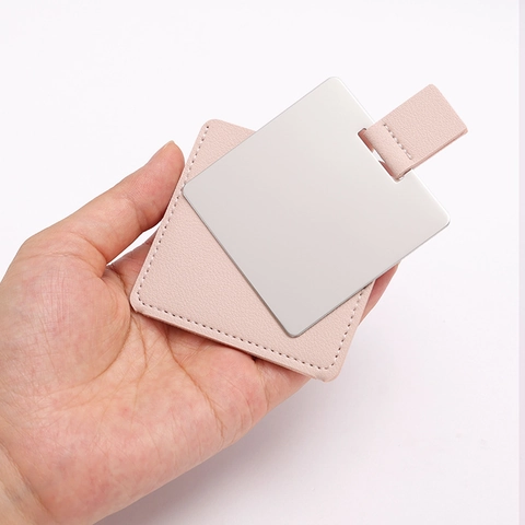 Portable Makeup Mirror Stainless Steel Square Compact Pocket Mini Vanity Mirror With PU Leather Case