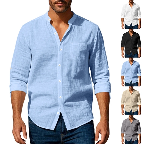 Men Linen Shirt Stand Collar Long Sleeve Casual Breathable Solid Color Lightweight Mandarin Collar Shirt With Pocket
