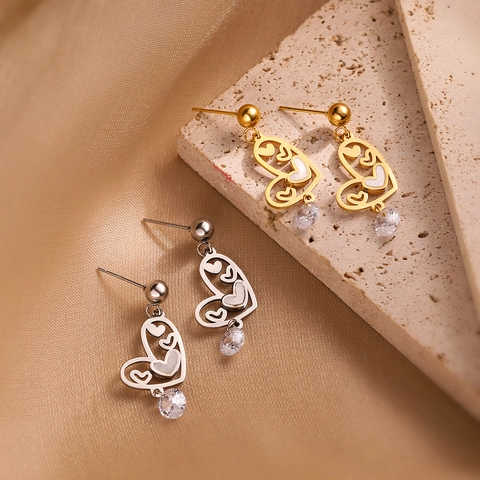 Stainless Steel Heart Drop Earrings With Shell Inlay And Crystal Pendant Hollow Design Fashion Jewelry For Women