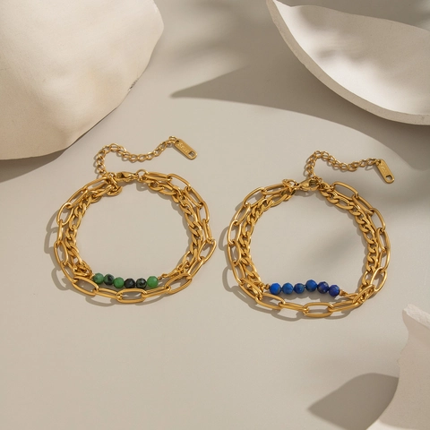Double Layer Bracelet 18K Gold Plated Stainless Steel Geometric Natural Stone Beads Waterproof Jewelry Women