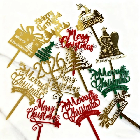 Christmas Cake Topper Acrylic Merry Christmas Party Decoration Reindeer Star Tree Festive Dessert Insert