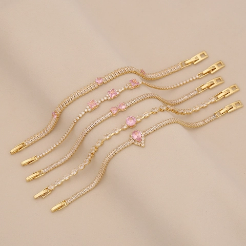 Pink Zircon Gold Plated Copper Bracelet Geometric Water Drop Heart Shape Tennis Jewelry Gift For Women Fashionable
