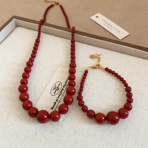 Ancora Rote Künstliche Perlen Künstliche Perlenkette Und Armband Abgestufte Glasperlen Titanstahl Schmuck Für Damen Mode Elegant