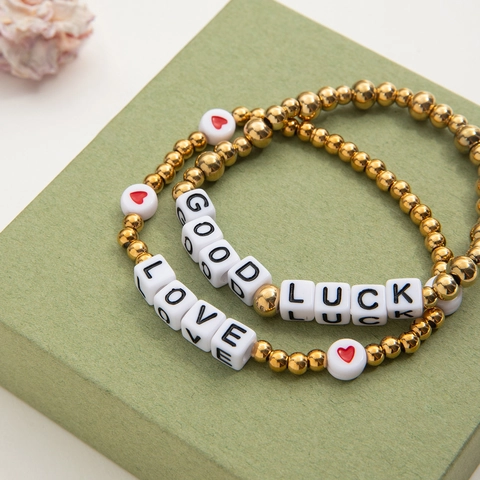 Bracelet Billes Acier Inoxydable Breloque Cœur Lettre Good Luck Love Bijoux Amitié Mode Femmes Hypoallergénique Imperméable
