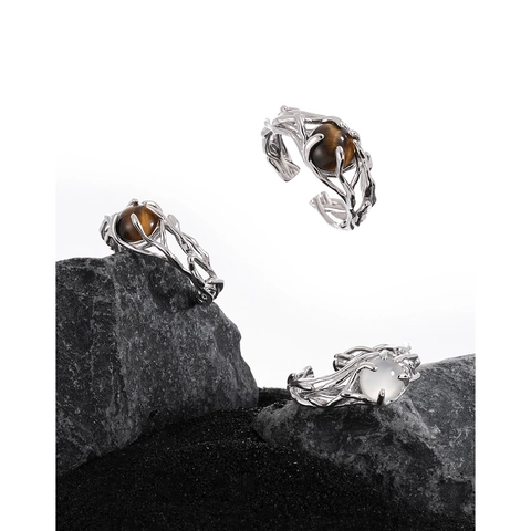 925 Sterling Silver Ring For Women Hollow Branch Vine Design Adjustable Open Ring With Yellow Tiger Eye White Agate