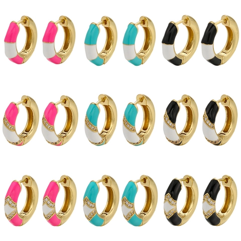 Geometric Hoop Earrings Brass Gold Plated Color Block Enamel Cubic Zirconia Inlaid Jewelry For Women
