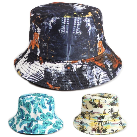 Tropical Coconut Tree Leaves Print Reversible Bucket Hat Cotton Polyester Foldable Summer Sun Protection For Unisex Adult