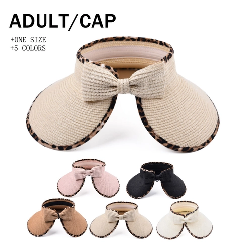 Women Straw Sun Visor Hat Empty Top Wide Brim Leopard Print Trim Bow Packable Summer Beach Travel Sun Hat For Ladies