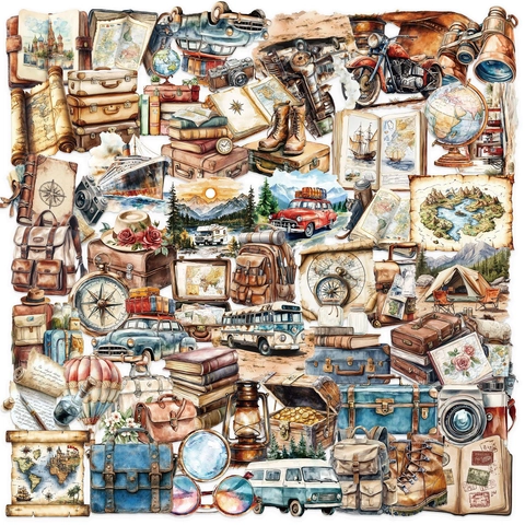 Vintage Travel Adventure Watercolor PET Waterproof Stickers For Scrapbooking Journal Laptop Guitar DIY Decorative Decals Set