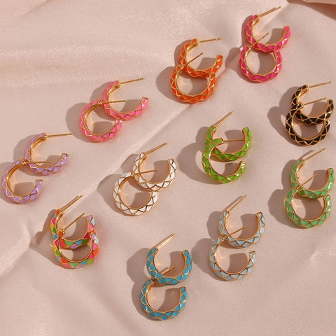 Roestvrij Stalen Ruitjes Emaille C-Vormige Oorbellen Voor Dames Europese Vintage Meerkleurige Geometrische Oorknopjes