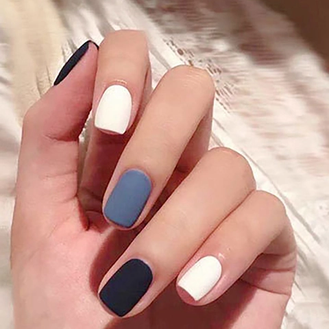 Matte Short Square Press On Nails Solid Color Blue Black White Glue On Fake Nails Removable Full Cover Manicure