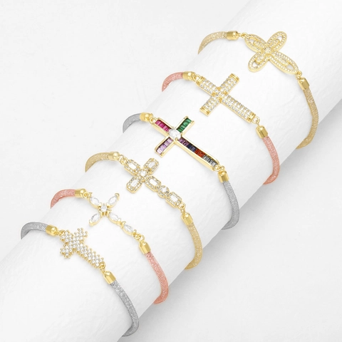 Cross Charm Bracelet For Women Copper Metal Mesh Chain With Zircon Crystal Religious Fashion Jewelry Adjustable