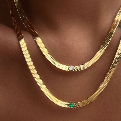 Collana A Catena A Spina Di Pesce Piatta In Acciaio Inossidabile Placcato Oro Con Zircone Colorato Tondo Catena Di Clavicola Vintage Donna