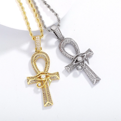 Collana Con Ciondolo Croce Ankh Occhio Di Horus Rame Iced Out Zirconia Cubica Hip Hop Gioielli Vintage Per Uomo