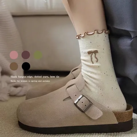 Women's Japanese Style Bowtie Confetti Crew Socks With Lettuce Edge Sweet Knitted Mid-Calf Socks For Everyday Fashion