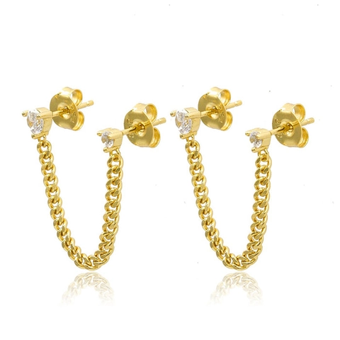 Zircon Chain Hoop Stud Earrings With Earring Post Copper Gold Plated Ins Style For Women