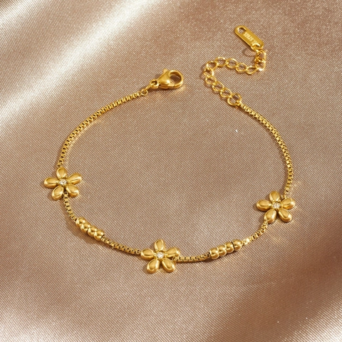 Elegante Bracciale Con Ciondoli A Fiore In Acciaio Inossidabile Placcato Oro Con Catena A Scatola E Strass Per Donne
