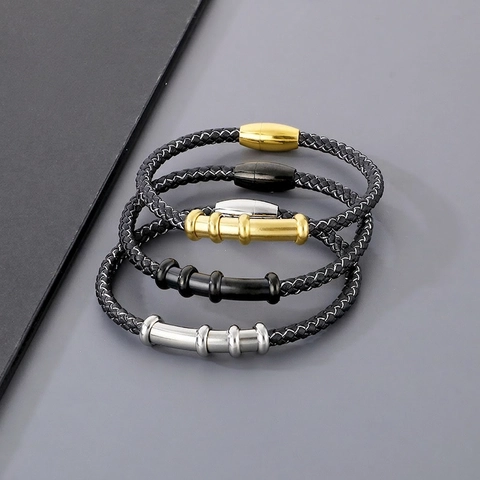 Bracciale Da Uomo In Pelle Intrecciata Chiusura Magnetica In Acciaio Inossidabile Tubo Geometrico Gioielli