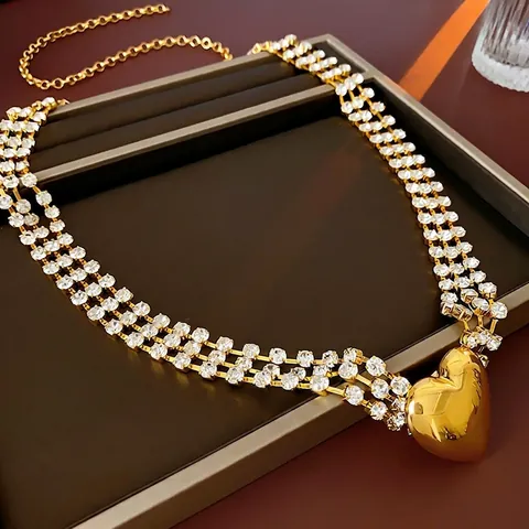Moda Collana Multistrato Con Pendente A Cuore Lega Strass Lucido Catena In Vita Gioielli Glamour Per Le Donne