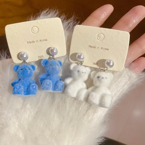 Cute Flocked Teddy Bear Dangle Earrings With 925 Sterling Silver Earring Post And Imitation Artificial Pearl Sweet Kawaii For Women