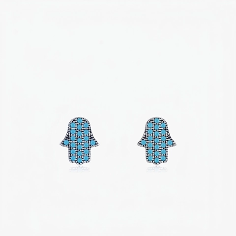 S925 Sterling Silver Turquoise Hamsa Hand Stud Earrings For Women Hand Of Fatima Vintage Niche Design Ethnic Style Ear Jewelry