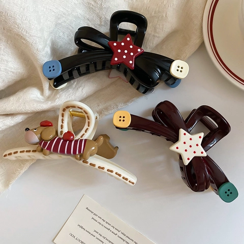 Fashion Acrylic Hair Claw Unique Star Button Bow Knot Shark Clip Retro Sweet Cartoon Dog Back Head Hair Accessories Women