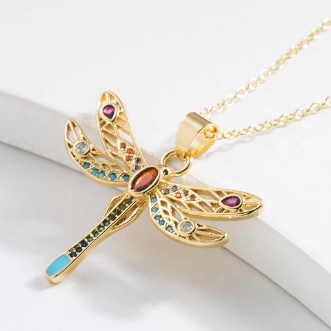 Dragonfly Pendant Necklace Copper Gold Plated Colorful Zircon Hollow Filigree Animal Jewelry For Women French Elegant