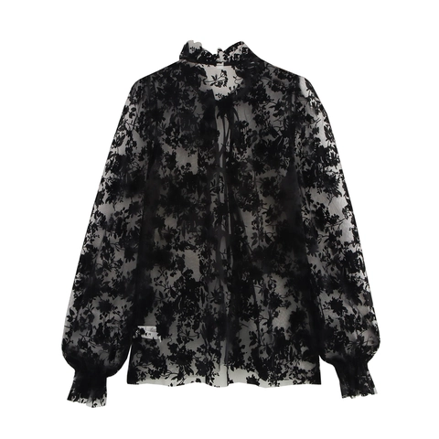 Dames Frans Vintage Zwart Kant Blouse Transparant Mesh Flock Floraal Ruches Strikkraag Lantaarnmouwen Top