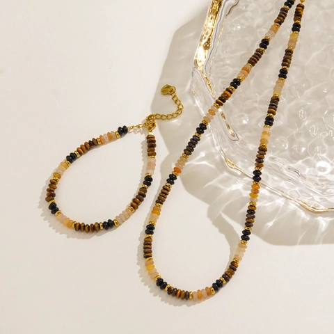 Gioielli Collana E Bracciale In Acciaio Inossidabile Con Perline Di Pietra Occhio Di Tigre Naturale Con Ciondolo Sole Donna