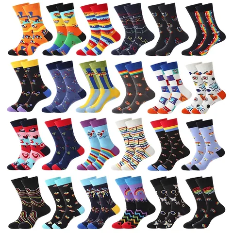 Crew Socks Cotton Blend Rainbow Stripe Heart Pattern Printed Streetwear Casual Fashion Unisex Adults