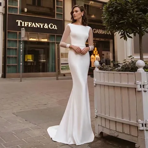 Abito Da Sposa Sirena Raso Elegante Maniche In Rete Schiena Scoperta Lacci Avorio Abito Da Sposa Per Donna