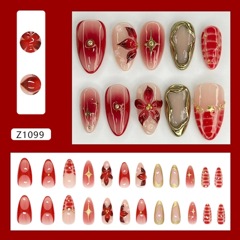 3D Kamelienblüte Künstliche Nägel Weinrot Farbverlauf Goldene Akzente Elegante Mandelform Lange Falsche Nägel Für Damen