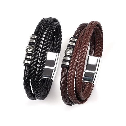 Pulsera Cuero Trenzado Multicapa Con Cuentas Metal Estampadas Y Cierre Magnético Joyería De Moda Vintage Para Hombre Casual