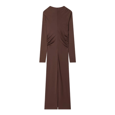 Elegant Deep V Neck Ruched Waist Long Sleeve Bodycon Maxi Dress For Women Solid Color Stretchy Slim Fit Draped Evening Party