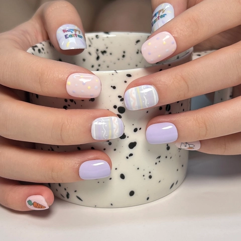 Press On Nails Short Round Glossy ABS Fake Nails With Glue Easter Cartoon Rabbit Carrot For Women Cute Macaron Color