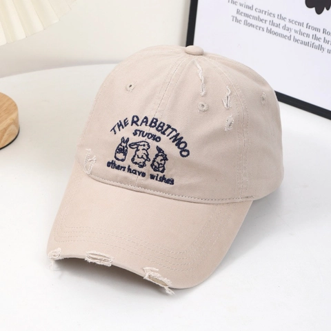 Cappello Da Baseball In Cotone Lavato Stile Vintage Distressed Ricamo Coniglio Cappello Protezione Solare Regolabile Per Donna