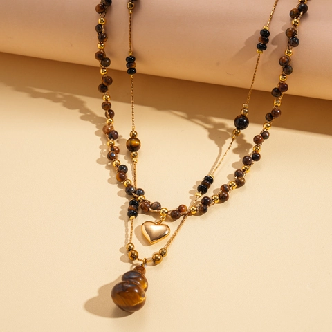 Vintage Tiger's Eye Beaded Necklace Copper Gold Plated Heart Gourd Pendant Double Layer Sweater Chain Jewelry For Women